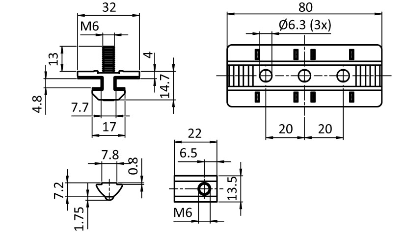 Profile Slider ZN 40 x 80 Fixed Bearing (Set)