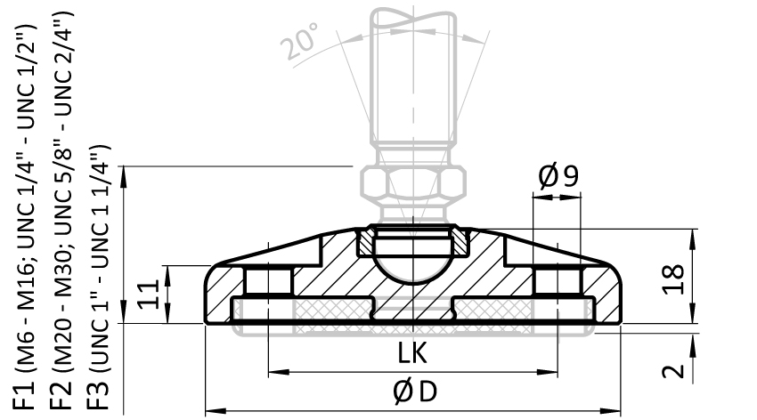 Base SS BDH pour pieds à rotule, rotule 15