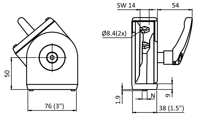 Pivot Joint 38 x 76 - 1.5" x 3" with Locking Lever