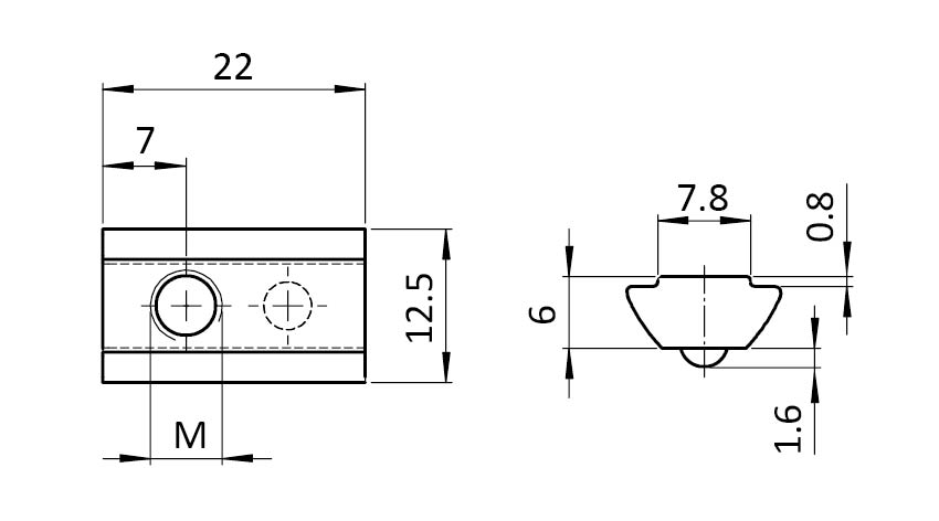 Ecrou basculant 12,5 x 6,0 mm avec bille sur ressort