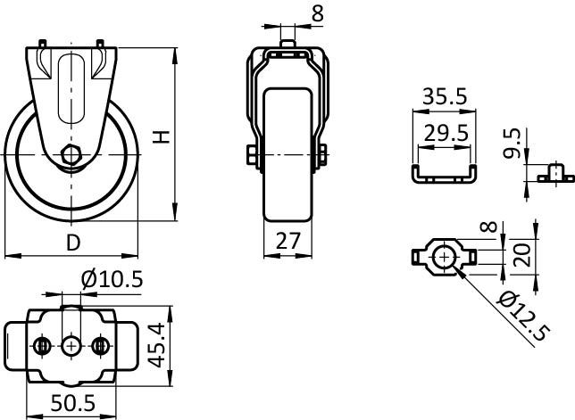 Roulette fixe Ø 75 – plan technique