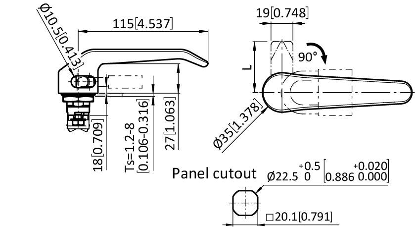 In-housing L-handle Quarter Turn Lock 22.5 / 18, Padlock Compatible