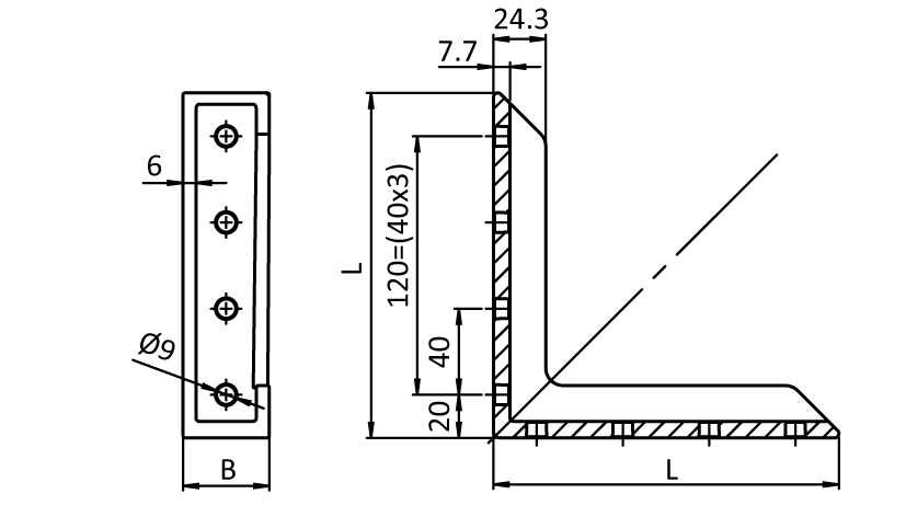 Alu-Versteifungswinkel 40 x 160 – technische Zeichnung