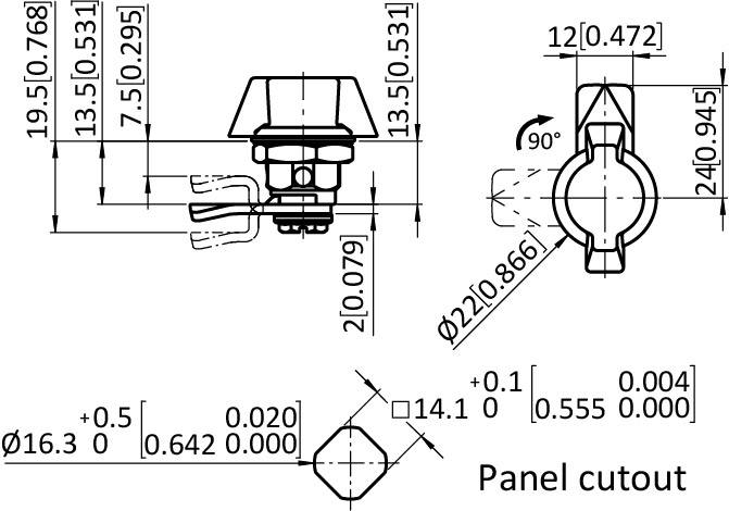 Small Wing Knob Quarter Turn Lock 16.3 / 13.5, incl. Cam (Set) – technical drawing