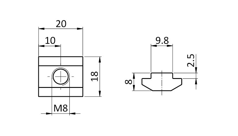Ecrou de rainure en T 18,0 x 8,0 mm