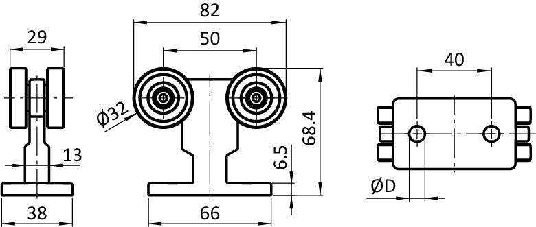 Trolley 40 for Overhead C-Rail, with Mounting Plate – plan technique