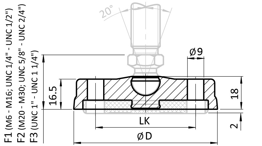 Base PA BDH pour pieds à rotule, rotule 15, gris