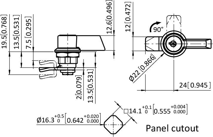Kleiner Tropfenform-Drehriegel 16,3 / 13,5, inkl. Zunge (Set) – technische Zeichnung