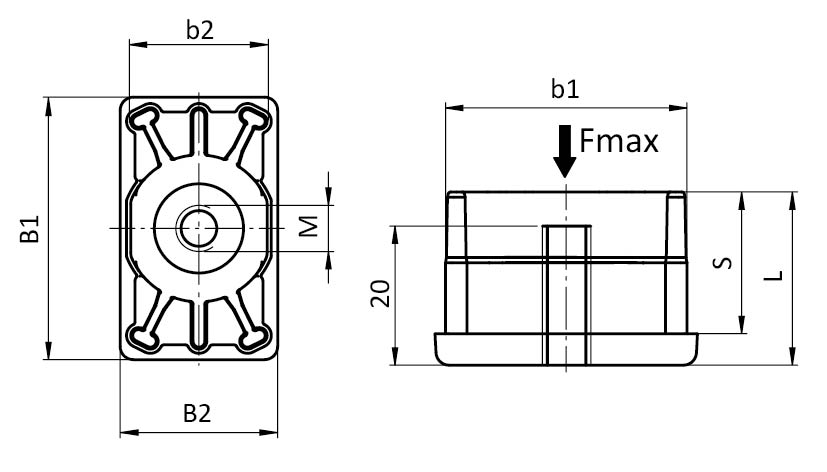 Threaded Bush for Rectangular Tubes 50 x 30 – technical drawing