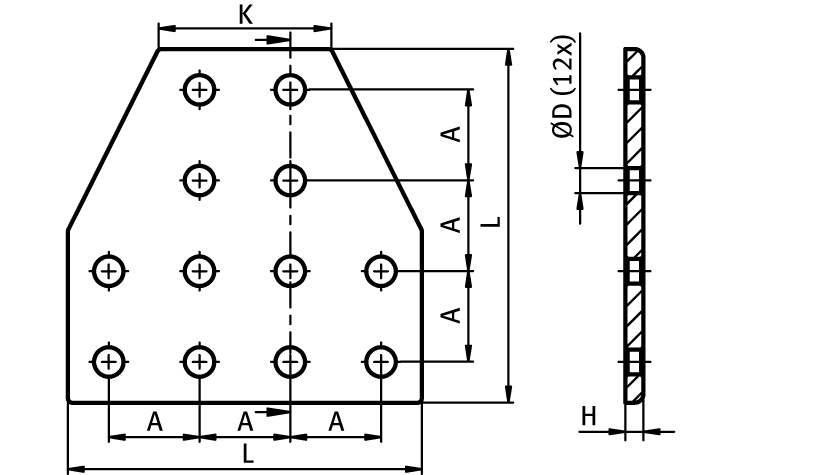 Connection Plate AL T 12 Hole, 2 Slots Version