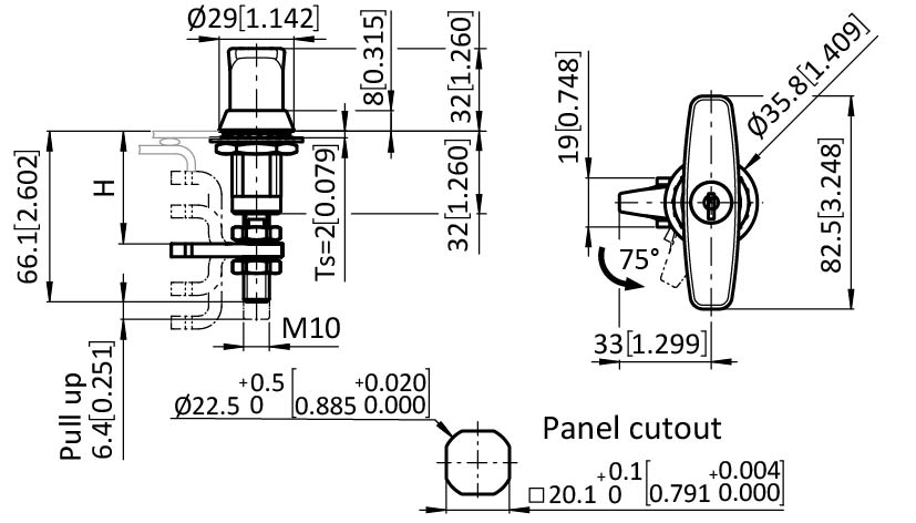 T-handle Compression Latch, 22.5 / 32, Long Shaft, incl. Cam (Set)
