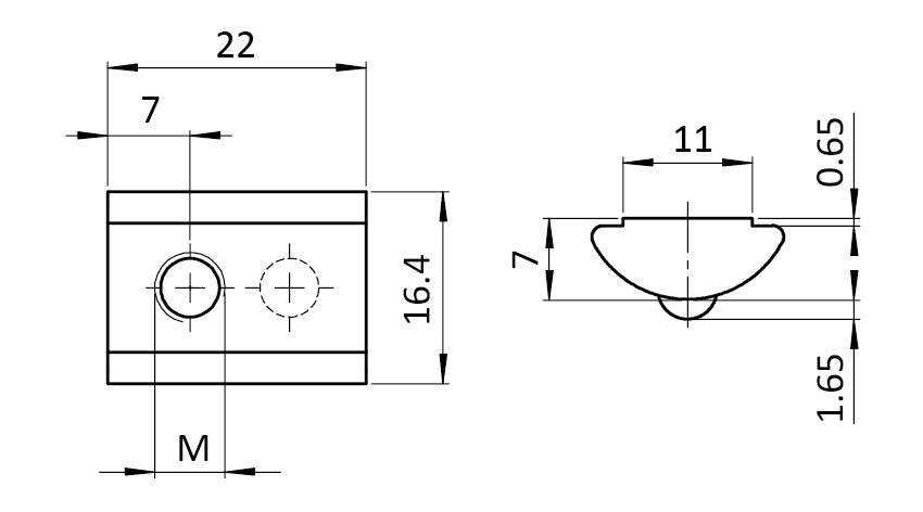 Roll-in T-slot Nut 16.4 x 7.0 mm with Spring Loaded Ball