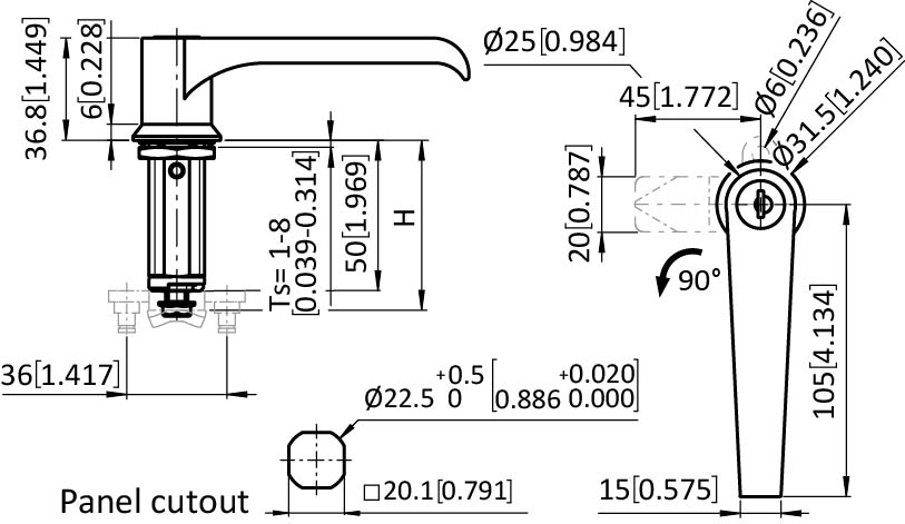 L-Griff Drehriegel 22,5 / 50