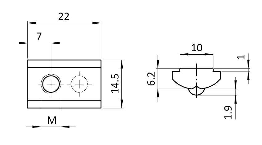Ecrou basculant 14,5 x 6,2 mm avec bille sur ressort