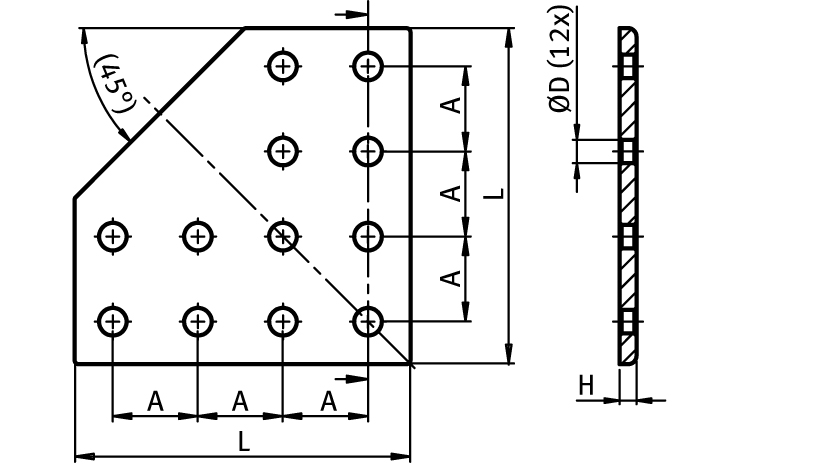 Connection Plate AL L 12 Hole, 2 Slots Version