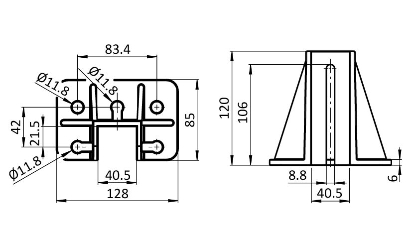 Base de montaje para perfil 40 - 85 x 128 – plano técnico