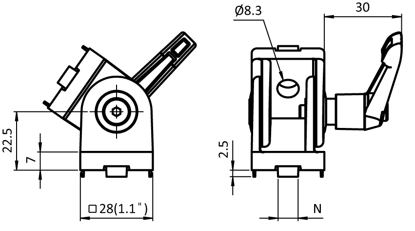 Gelenk 28 - 1,1" mit Klemmhebel – technische Zeichnung
