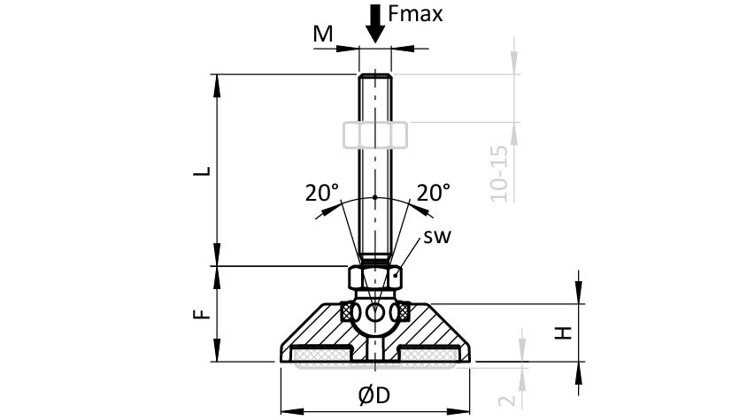 Pied pivot trapézoïdal, ZN / acier - rotule 15