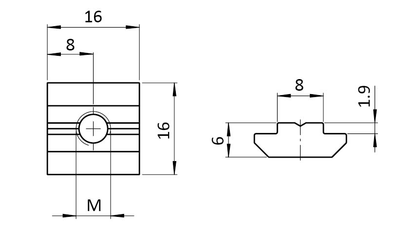 Ecrou de rainure en T 16,0 x 6,0 mm