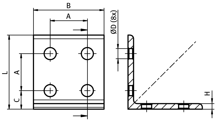 Connection Angle AL 8 Hole, 2 Slots Version