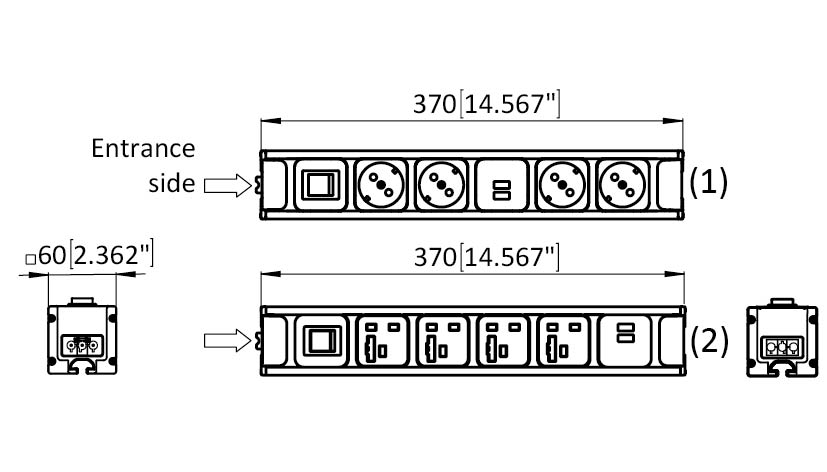 Power Strip Module F Line 370 4x + USB, with Switch – technical drawing