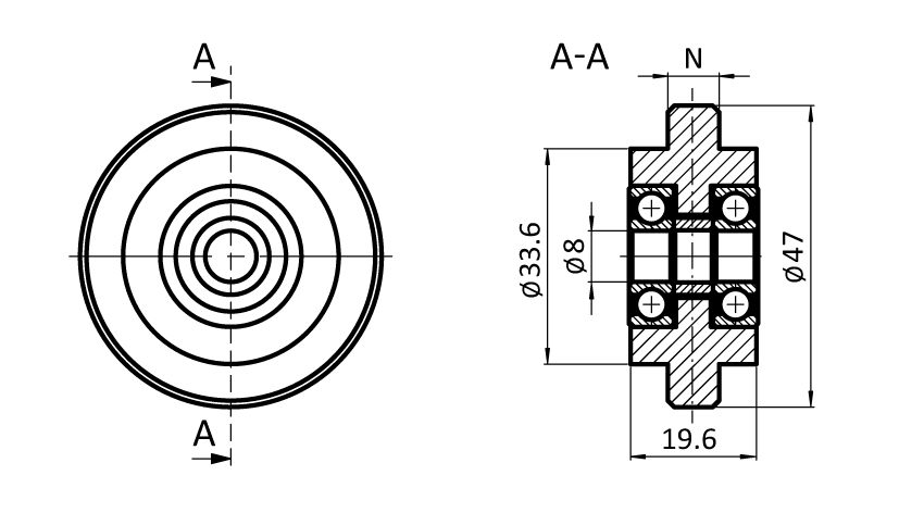 Rolle Ø 47 für Nutprofile – technische Zeichnung