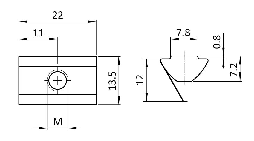 Nutenstein 13,5 x 7,2 mm, einschwenkbar mit Federblech – technische Zeichnung