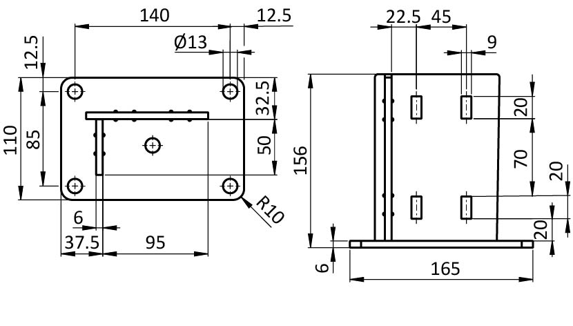 Foot Console ST 45 x 90 - 110 x 165 – technical drawing