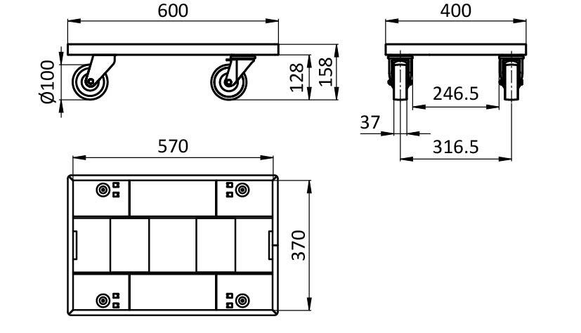 Dolly for SLC 600 x 400, with 2 Swivel and 2 Fixed Casters – technical drawing
