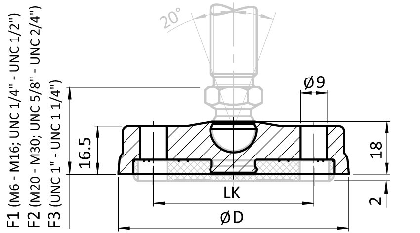 Base PA BDH for Swivel Feet, Ball Joint 15, Black – technical drawing