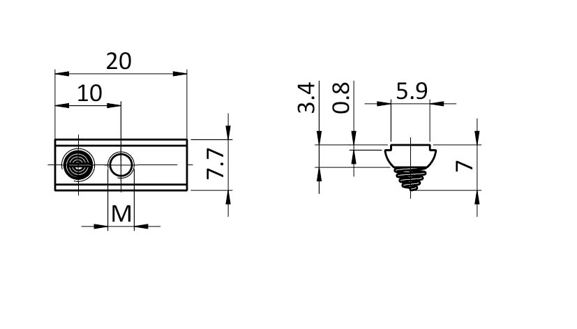 Ecrou basculant 7,7 x 3,4 mm avec languette ressort