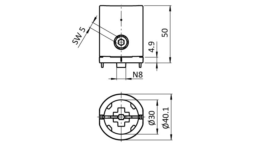 Außenliegender T-Verbinder D30 - Nut 8 (Set) – technische Zeichnung