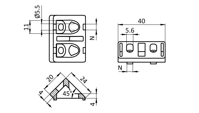 Angle Connector 40 x 20, 45°