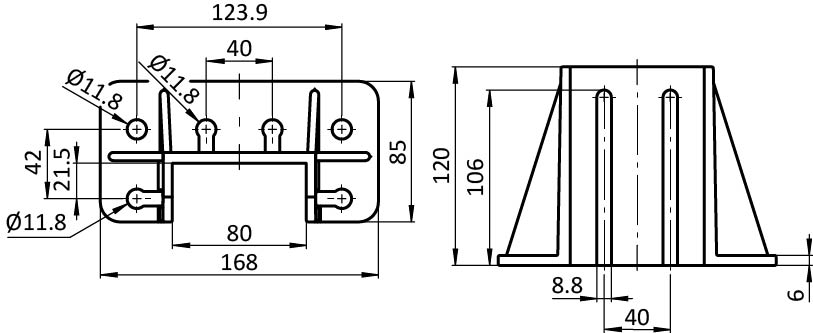 Base de montaje para perfil 80 - 85 x 168 – plano técnico