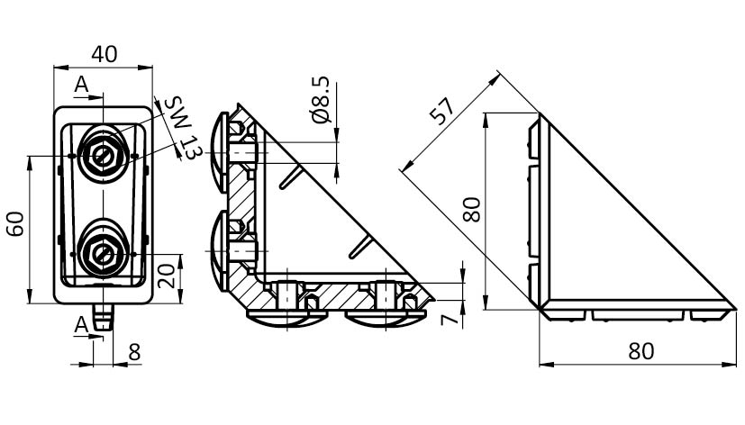Equerre de fixation Alu I40 x 80 M (Kit)