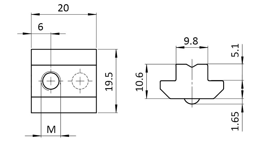 Ecrou de rainure en T 19,5 x 10,6 mm, h.5,1 mm avec bille sur ressort