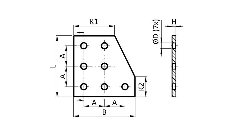 ECO-Verbinderplatte AL L 7-Loch, 1 Nut x 2 Nuten
