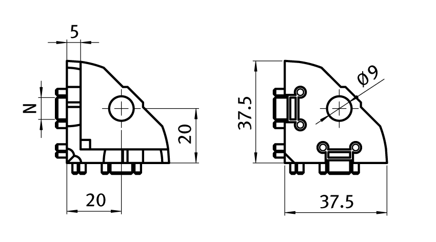 Connecteur d'angle 3D I 40 – plan technique