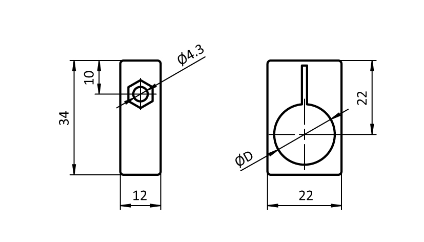 Bloc de fixation capteurs 34 x 12 x 22, Ø 18