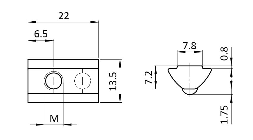 Nutenstein 13,5 x 7,2 mm, einschwenkbar mit Federkugel – technische Zeichnung
