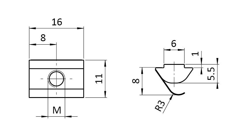 Ecrou basculant 11,0 x 5,5 mm avec languette ressort