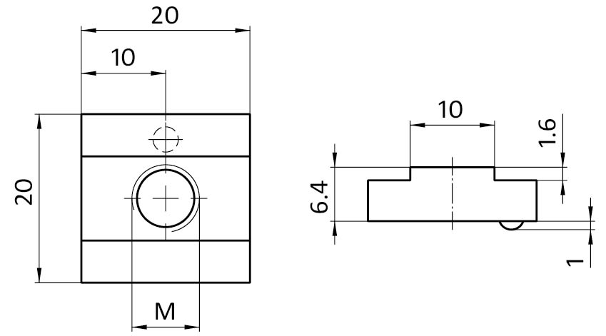 Ecrou de rainure en T 20,0 x 6,4 mm avec bille sur ressort