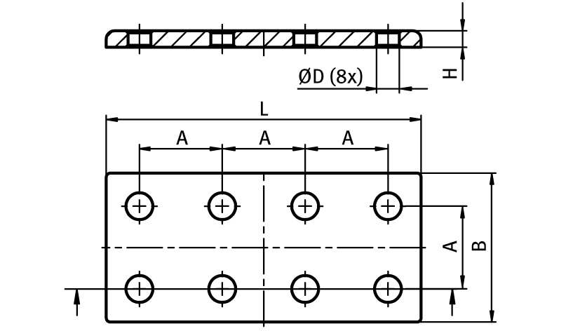 Connection Plate AL Rectangular 8 Hole, 2 Slots Version