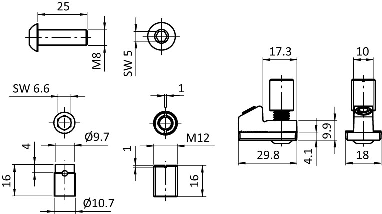 Profilverbinder 90° B, Nut 10 (Set) – technische Zeichnung