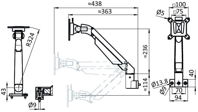 Monitorhalter 4 Achsen, höhenverstellbar (Set) – technische Zeichnung