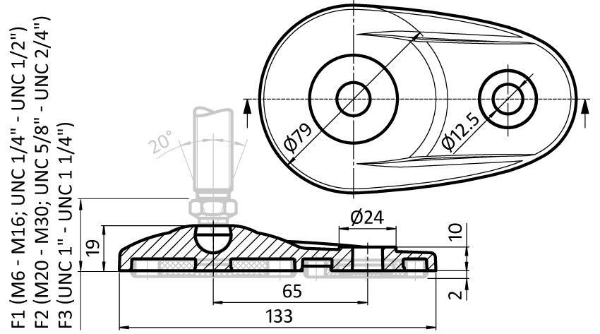 Extended Base 80 PA for Swivel Feet, Ball Joint 15 – technical drawing