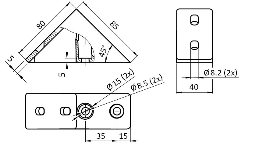 Angle Connector 40 x 80, 45°