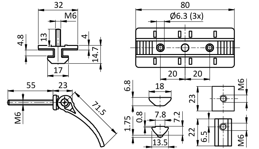 Profile Slider ZN 40 x 80 Fixed Bearing with Cam Lever (Set)