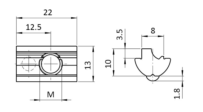 Ecrou basculant 13,0 x 10,0 mm avec bille sur ressort