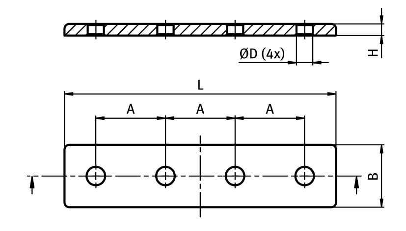 Connection Plate AL Rectangular 4 Hole, 1 Slot Version